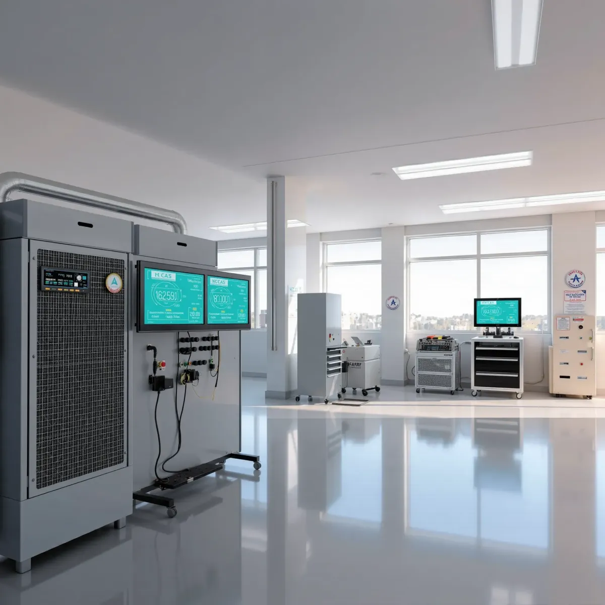 Indoor air quality testing station in Weatherford, TX, with advanced equipment, digital monitors, and a clean, modern setting.