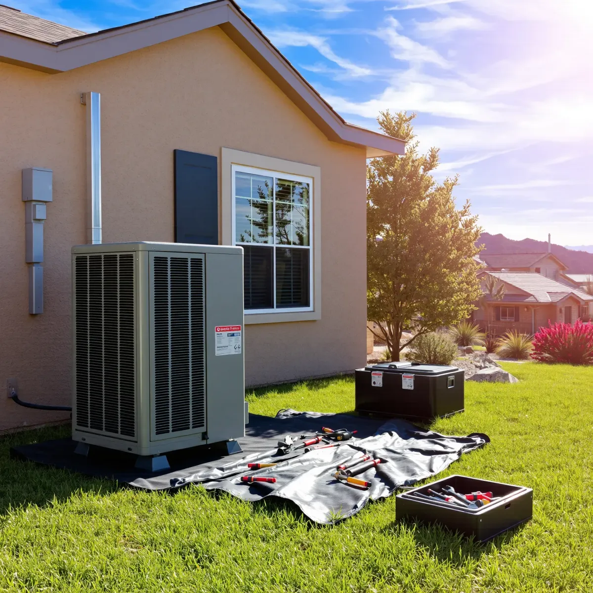 Outdoor Weatherford TX home with modern HVAC unit, tools, and Texas landscape on sunny day, no people.