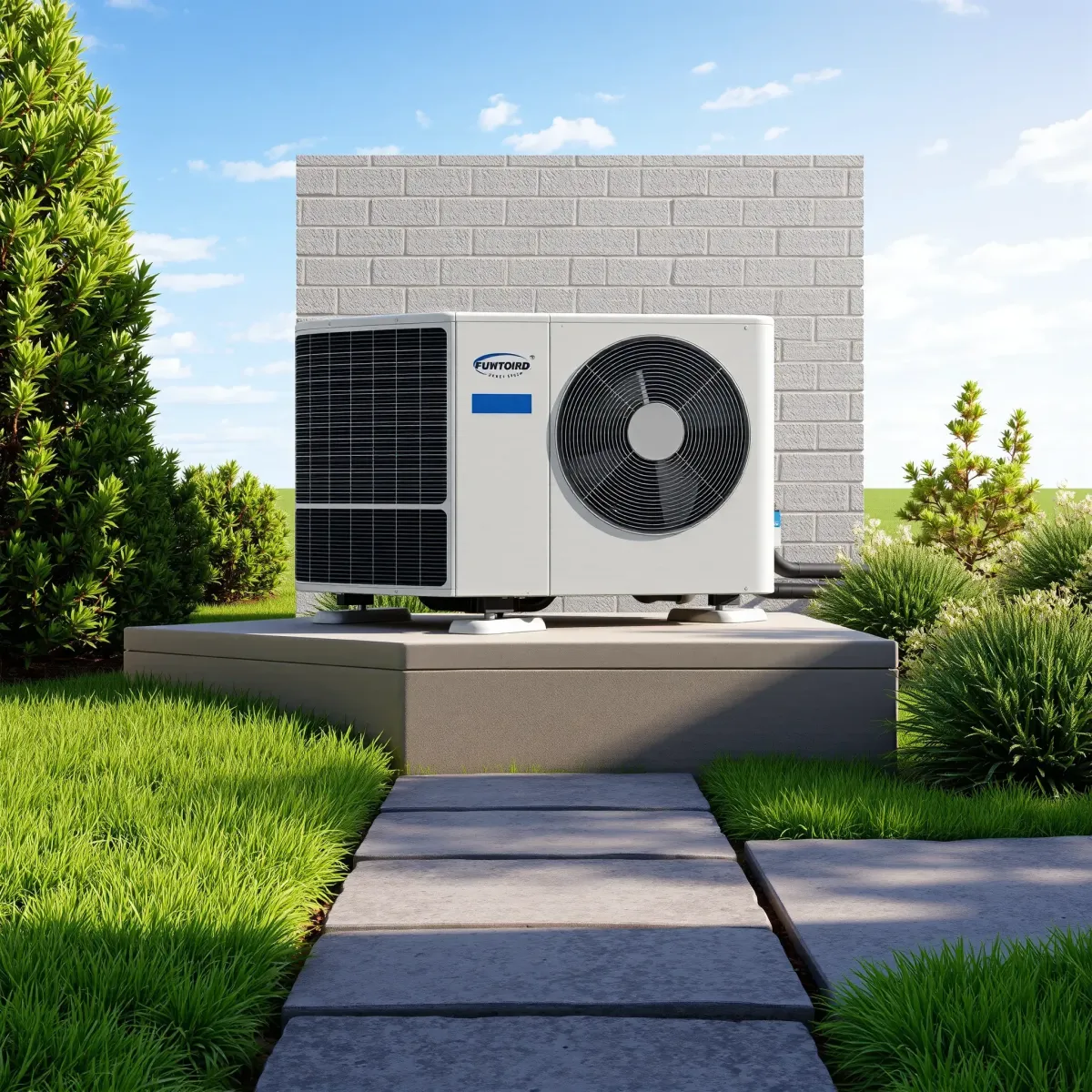 Beautiful outdoor AC unit installed on concrete pad in Weatherford, TX, with lush landscaping and clear, sunny sky.