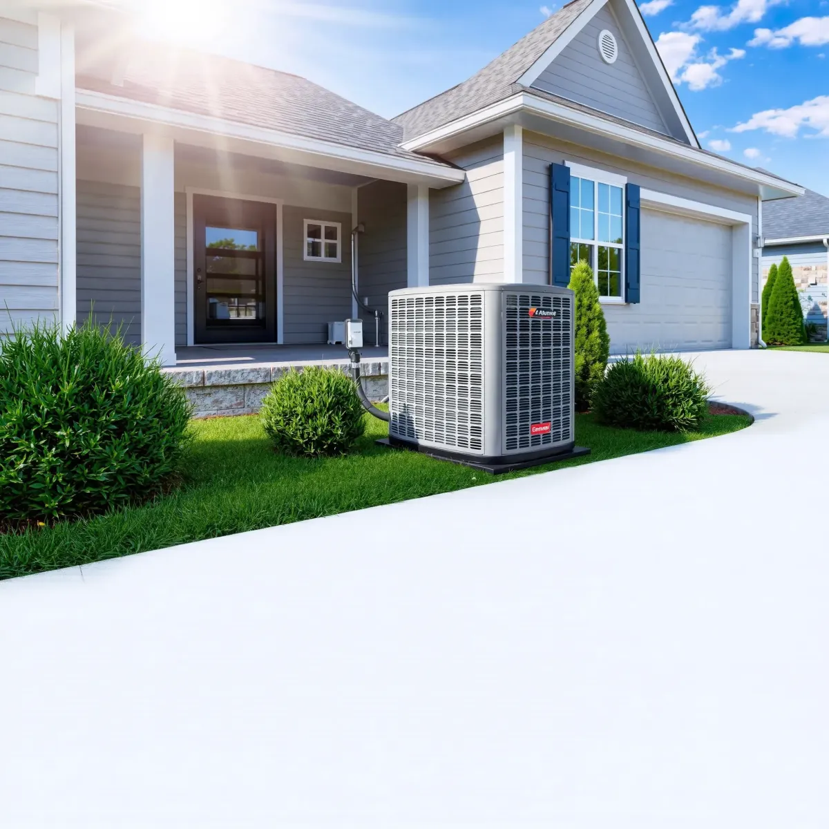 Professionally serviced outdoor AC unit outside a modern home in Weatherford, TX, with neat landscaping and clear sky.
