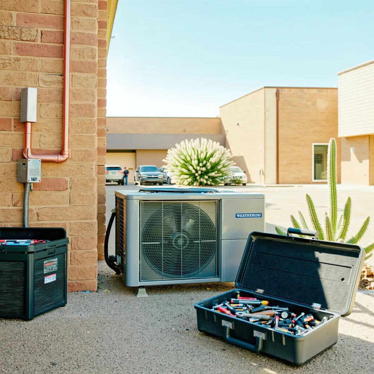 Commercial HVAC repair scene outside Weatherford, TX building with open AC unit, tools, Texas details, and sunny outdoor setting.