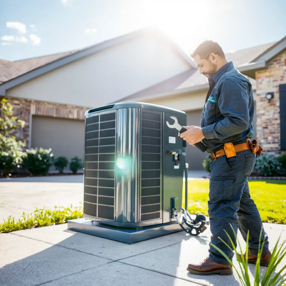 Professional HVAC technician repairing a modern outdoor A/C unit outside a Weatherford, TX home on a sunny day.
