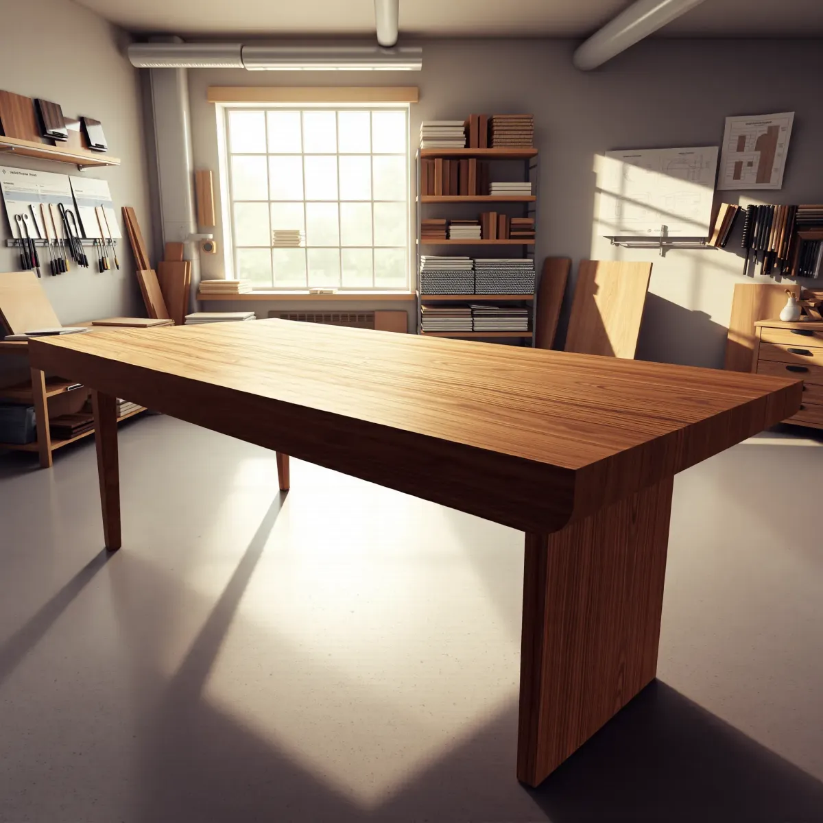 Custom oak dining table in a bright workshop, showcasing craftsmanship, wood detail, tools, and modern design features.