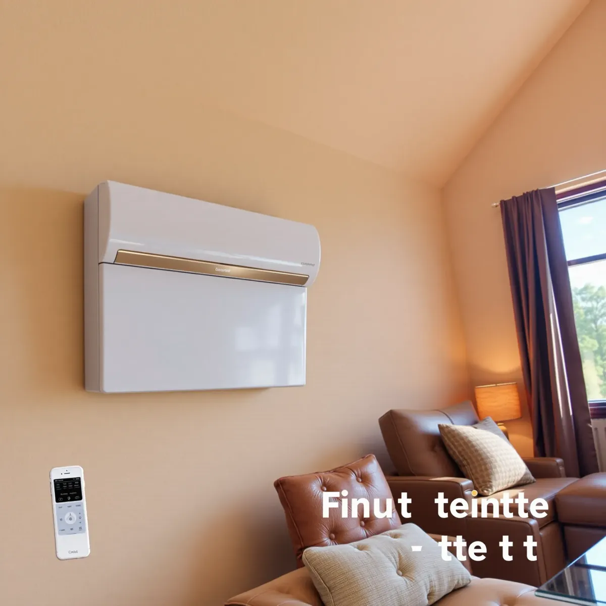 Modern ductless air conditioning unit installed in a cozy Weatherford, TX living room with rustic decor and outdoor greenery.