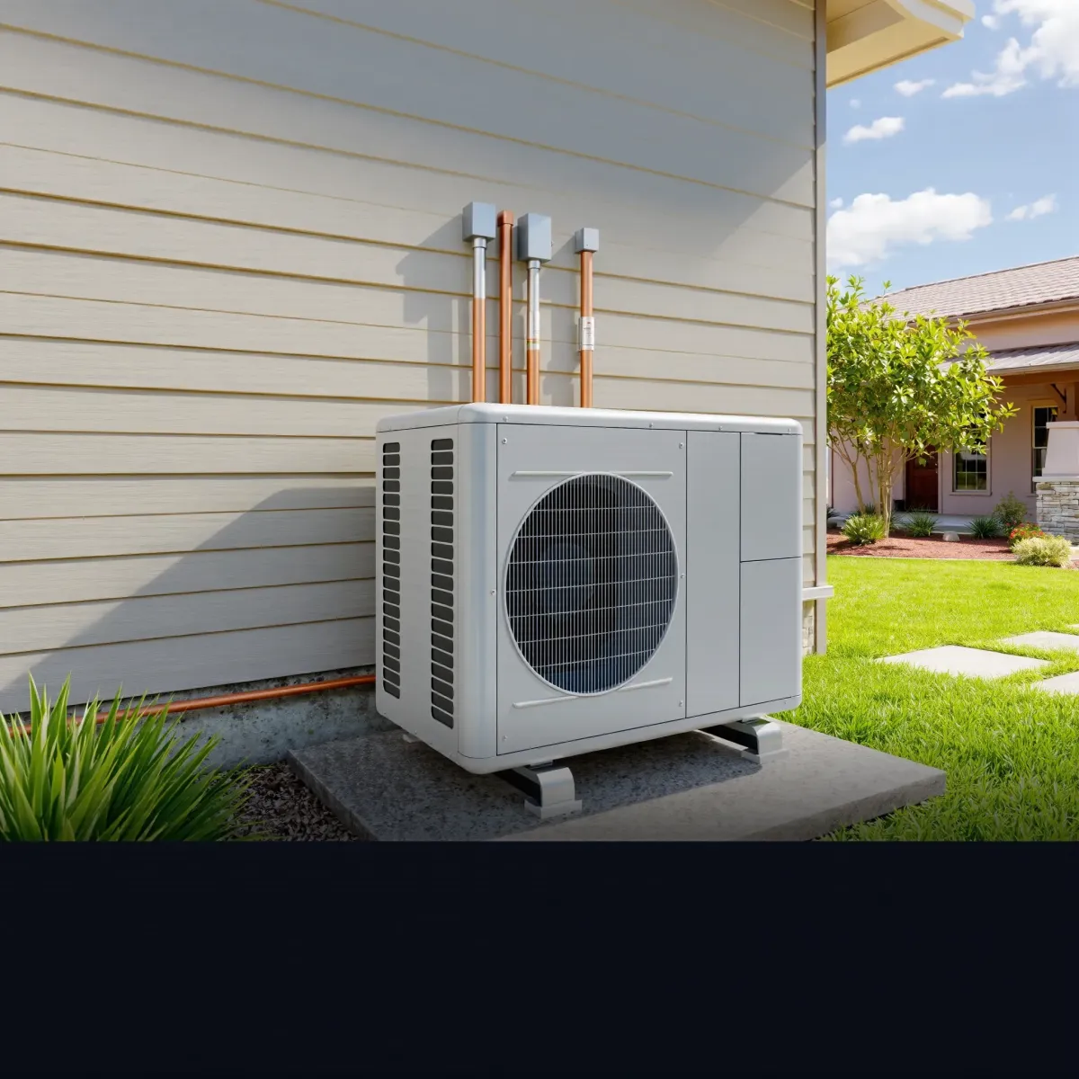 Completed Weatherford, TX air conditioning installation with modern outdoor unit, copper lines, wiring, and landscaped yard.