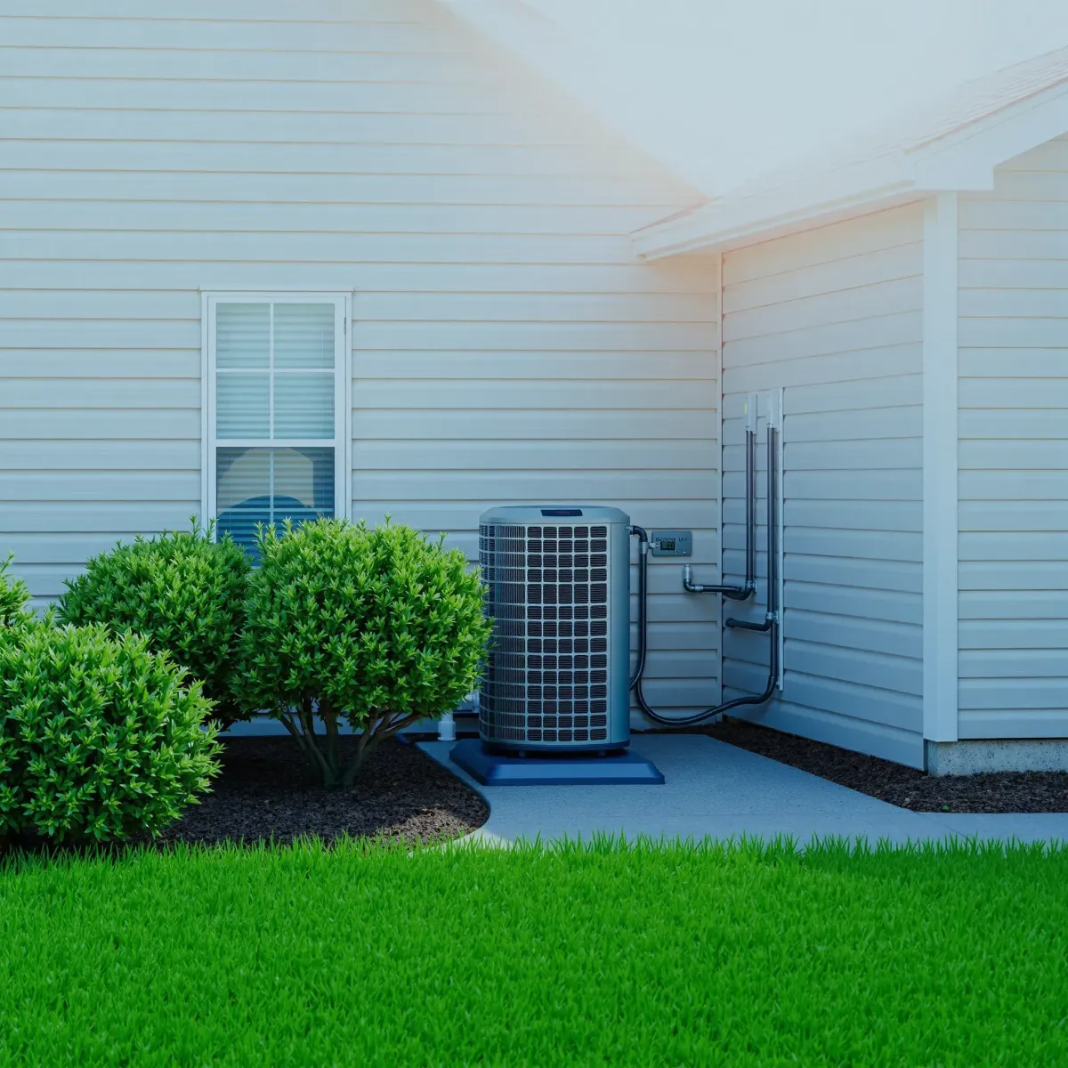 Completed outdoor AC unit installed on a residential house in Weatherford, TX, with neat wiring and landscaping.