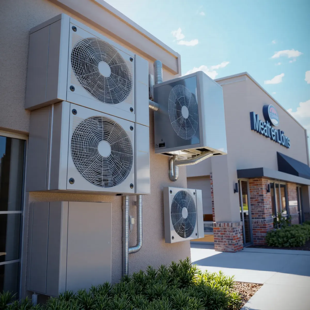 Commercial HVAC repair on a modern unit outside a Weatherford, TX business, highlighting detailed vents, ductwork, and signage.