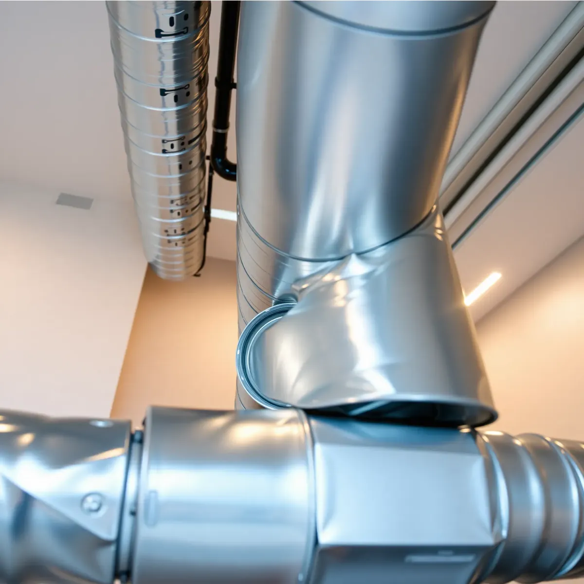 Newly installed HVAC duct system with polished metal surfaces in a modern interior, highlighting craftsmanship and efficiency.