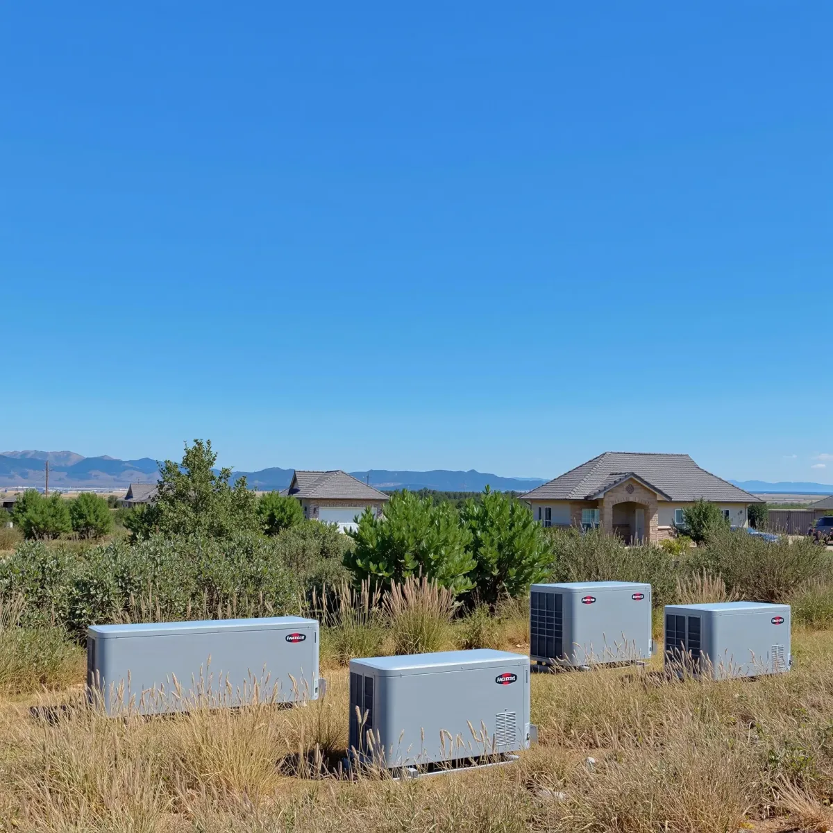 Modern heat pumps installed on a sunny Weatherford, TX suburban home with native landscaping and rolling hills.