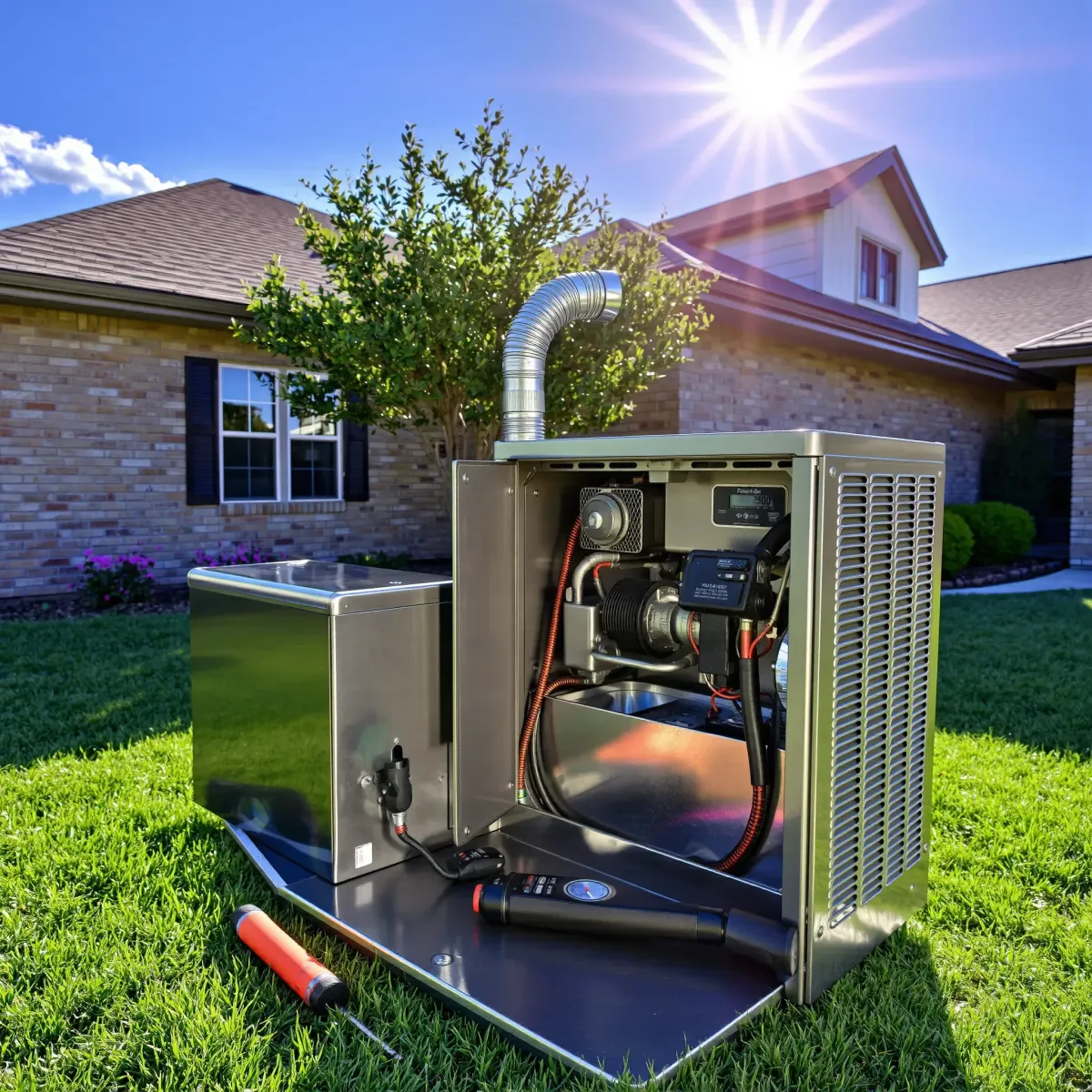 Outside Weatherford, TX, a technician's tools and furnace are seen near a maintained home on a sunny day.