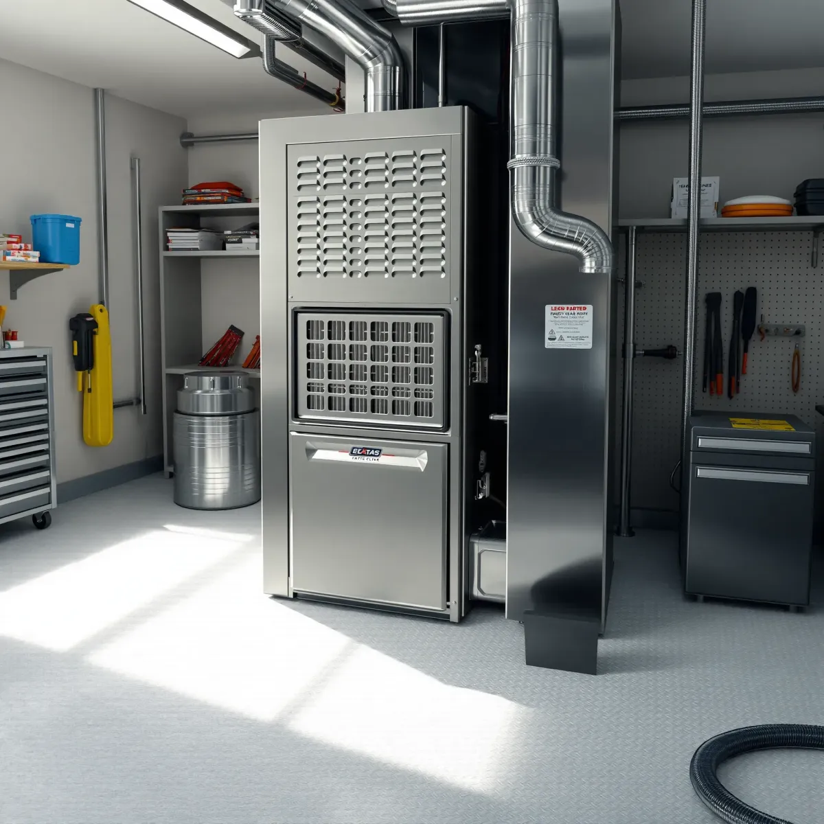 Well-maintained furnace in a clean, organized utility room with polished surfaces, new filters, and professional tools.