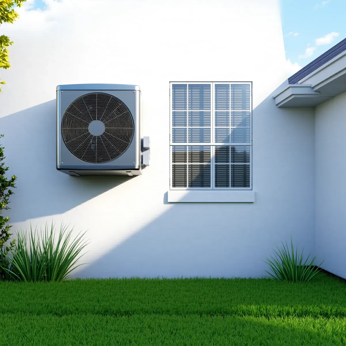 Newly installed high-efficiency HVAC unit on a suburban home in Weatherford, TX, amid lush landscaping under a clear blue sky.