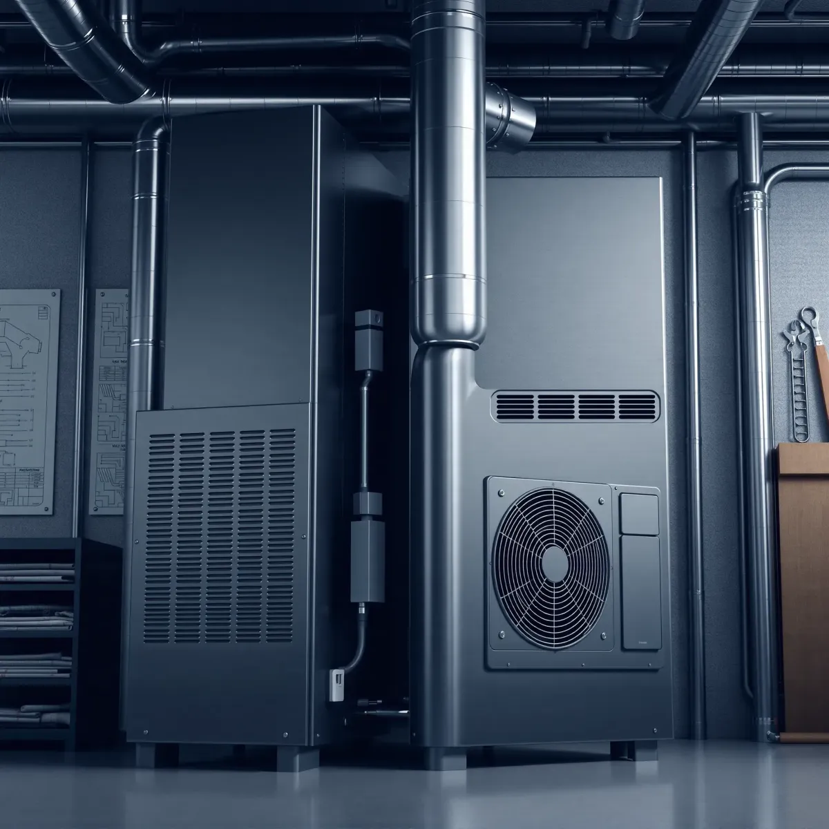 Modern commercial HVAC system in a clean, organized industrial setting showcasing high-efficiency, reliable cooling equipment.