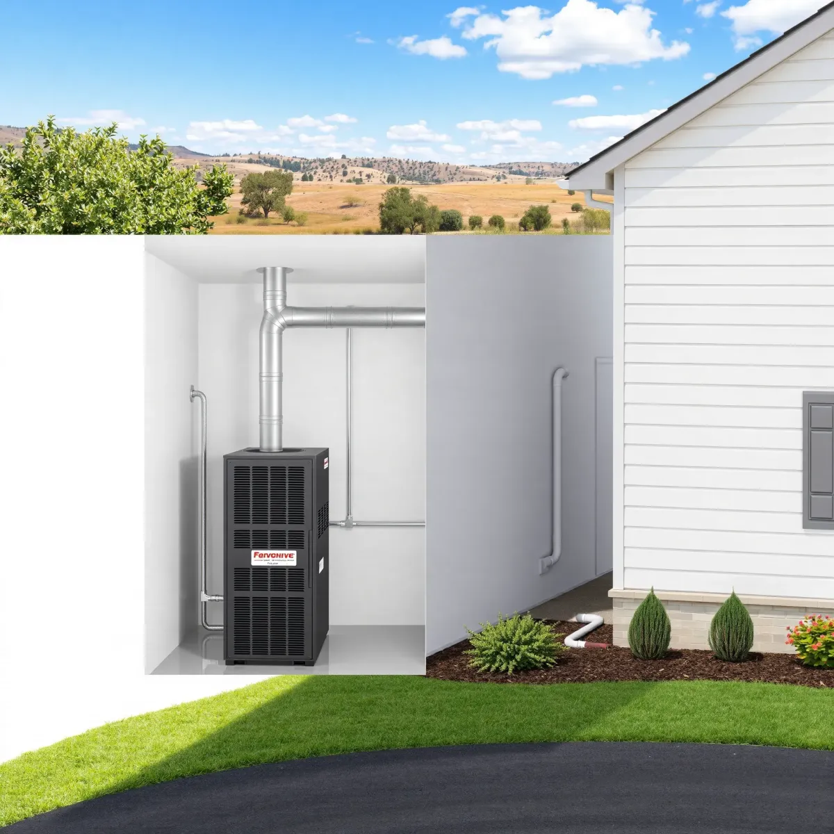 Furnace installation in a Weatherford, TX home with a neat utility room, vent pipes outside, and a landscaped yard.