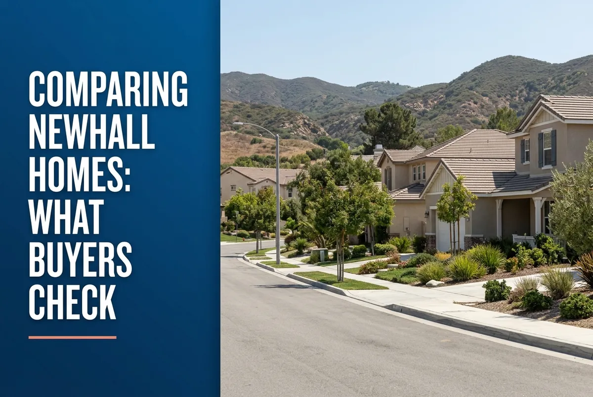 A 3:2 blog cover showing a left blue panel with white text 'COMPARING NEWHALL HOMES: WHAT BUYERS CHECK' and a right photorealistic streetscape.