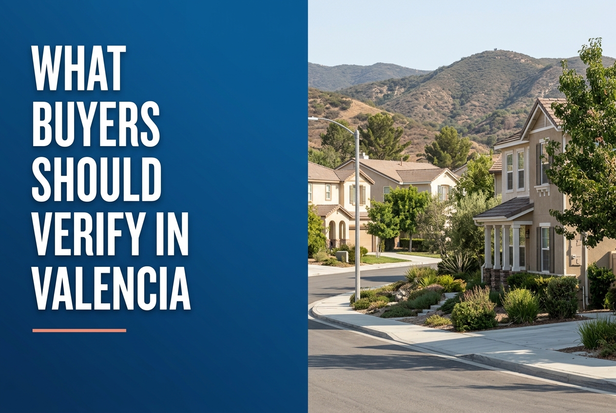 A split-panel editorial graphic featuring a deep blue left side with white text 'WHAT BUYERS SHOULD VERIFY IN VALENCIA' over a coral line.