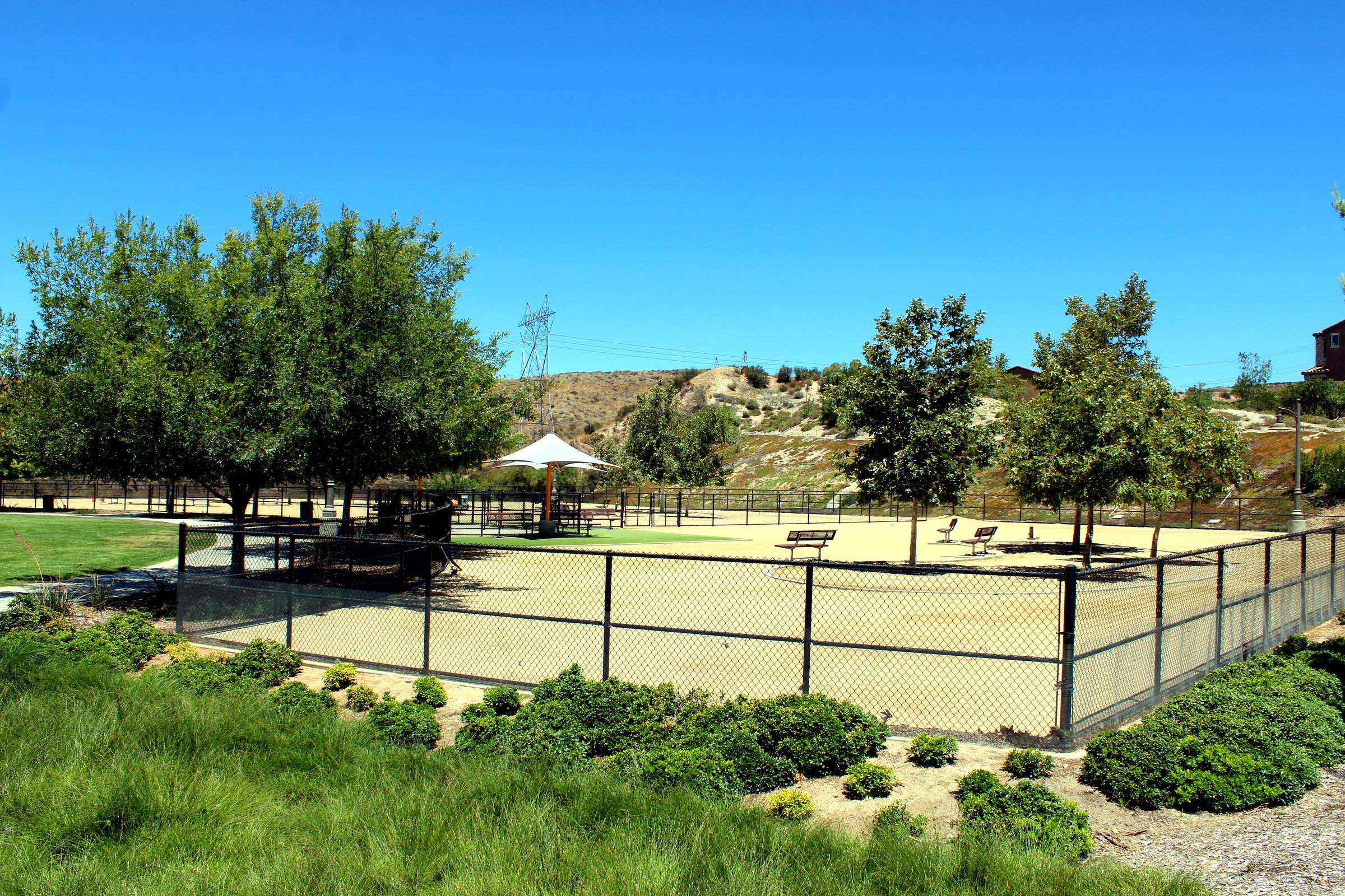 Fenced dog park with size-separated sections at Golden Valley Park in the Five Knolls neighborhood of Saugus, Santa Clarita