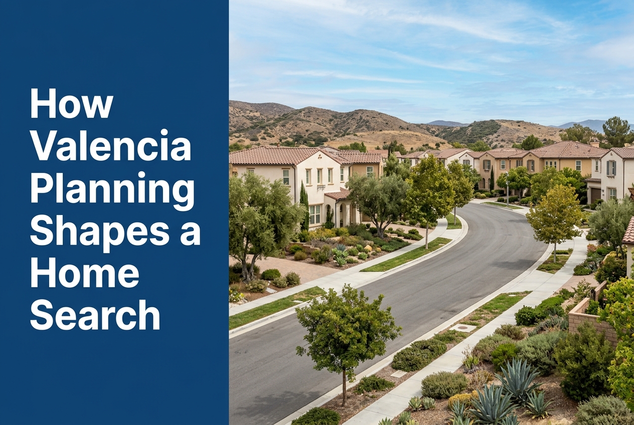 A split-layout blog cover featuring a blue text panel on the left and a sunny, suburban California streetscape with foothills on the right.
