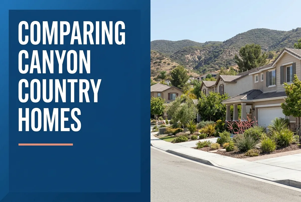 A split-view image featuring a blue title panel with white condensed text 'COMPARING CANYON COUNTRY HOMES' next to residential suburban homes.