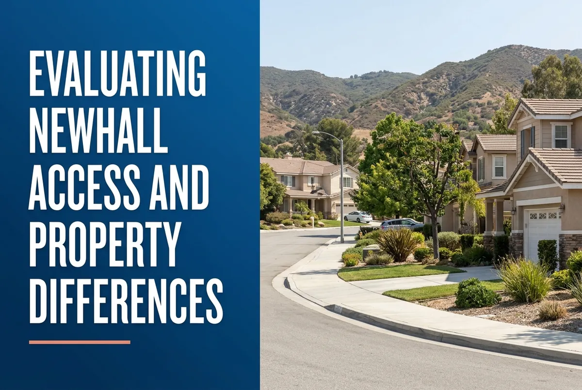 Split graphic: blue panel with white text 'Evaluating Newhall Access and Property Differences' and a Southern California residential streetscape.