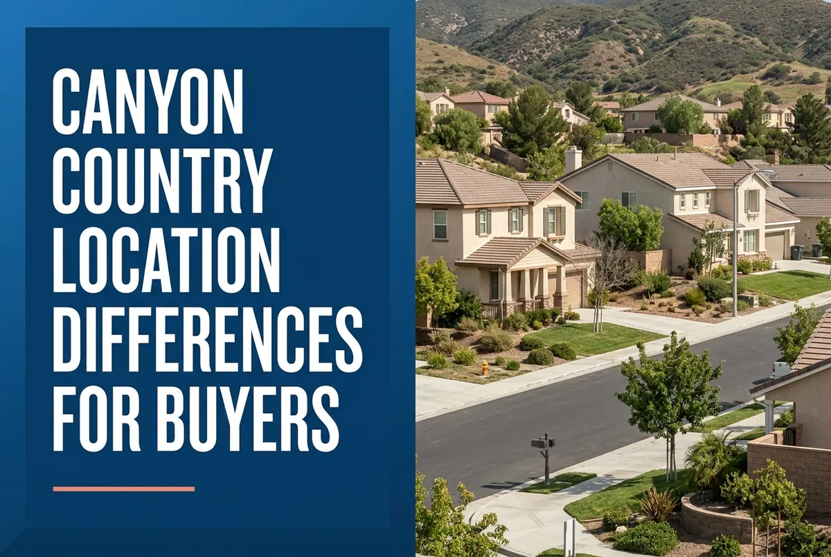 A split-layout blog cover with a blue panel on the left containing the white text Canyon Country Location Differences for Buyers over a coral line.
