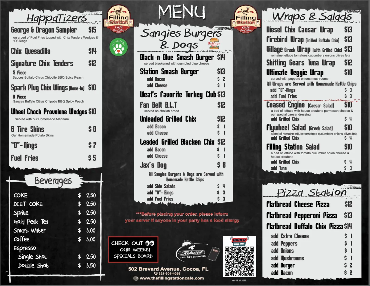 The Filling Station Cafe Menu