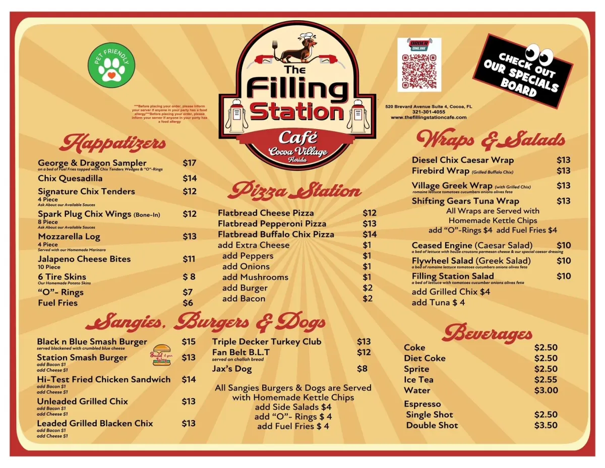 The Filling Station Cafe Menu