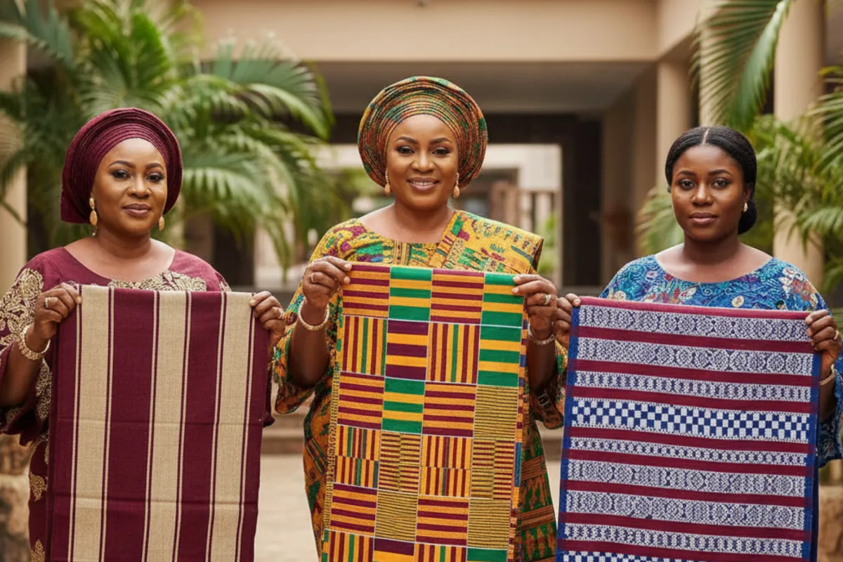 Three Nigerian women presenting hand-woven West African fabrics: a burgundy striped Aso-Oke, a vibrant kaleidoscopic Ghanaian Kente, and a blue geometric Akwete cloth.