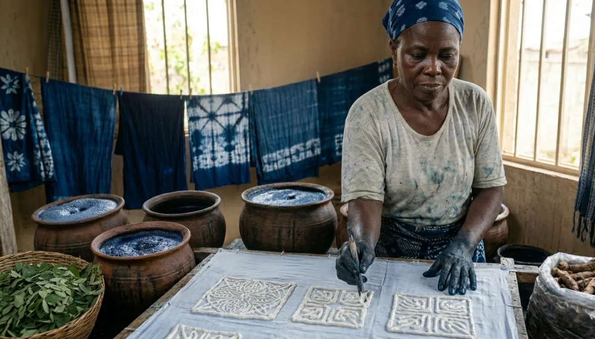 A Yoruba textile artist in a sunlit Nigerian workshop applying white cassava paste resist to cotton fabric, surrounded by traditional indigo fermentation vats and hanging deep blue Adire cloths.