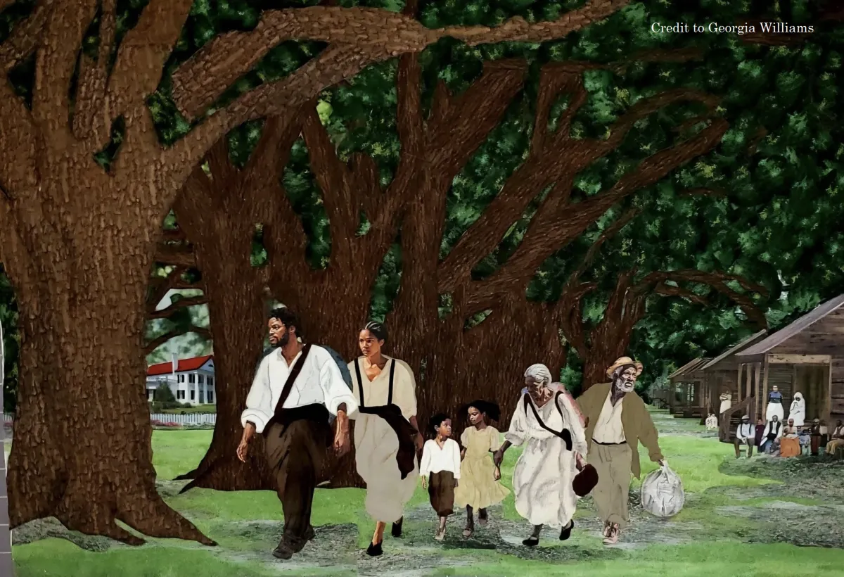 African American story quilt inspired by West African textile traditions, featuring appliqué patterns and symbolic storytelling that reflect cultural heritage, resilience, and the secret language of historical quilts.