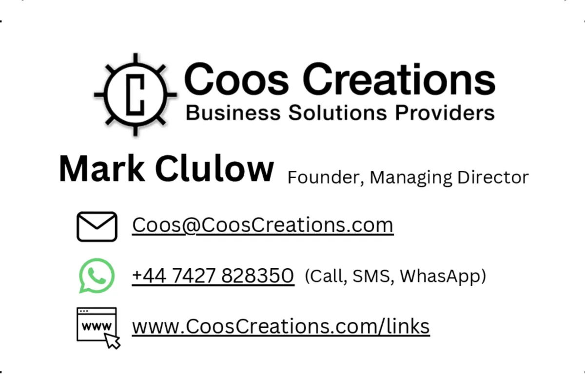 Mark Clulow Business Card, Coos Creations Ltd.