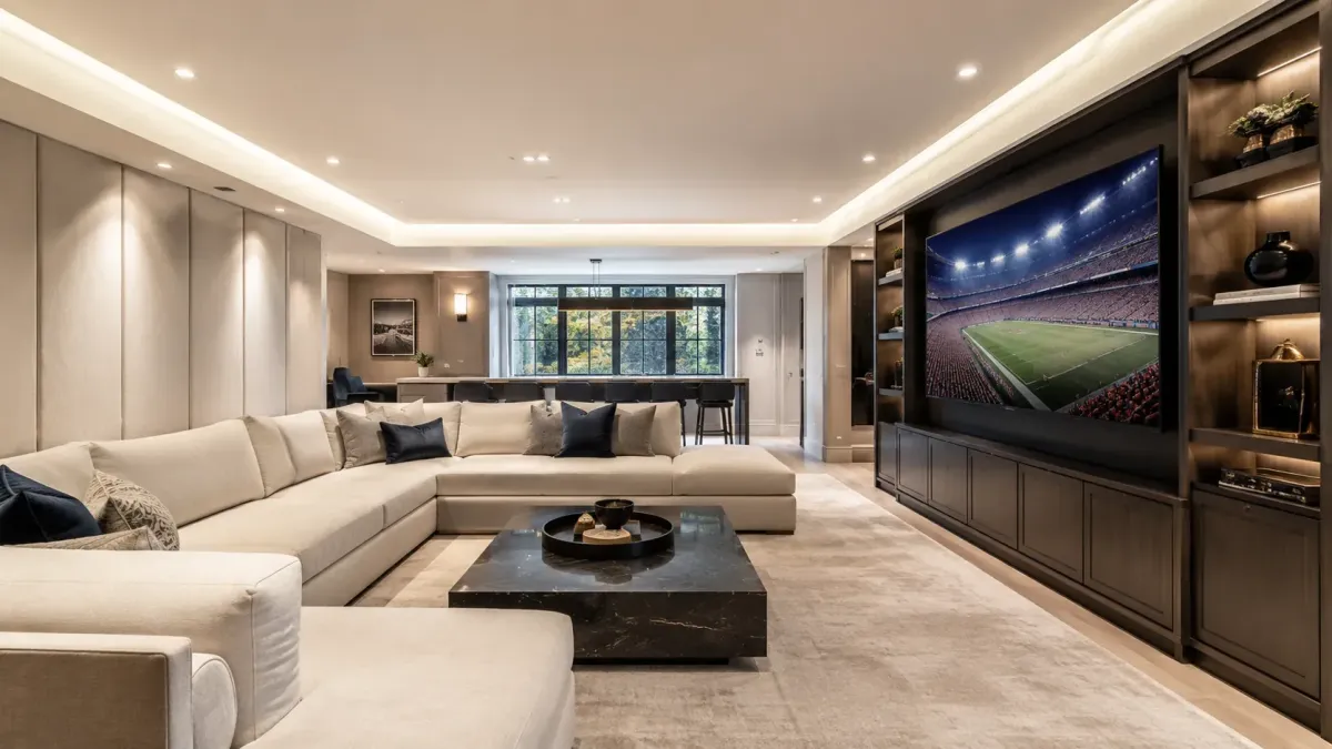 Luxury Boston media room design with large wall-mounted TV, custom built-ins, sectional seating, acoustic details, and bright modern entertainment space.