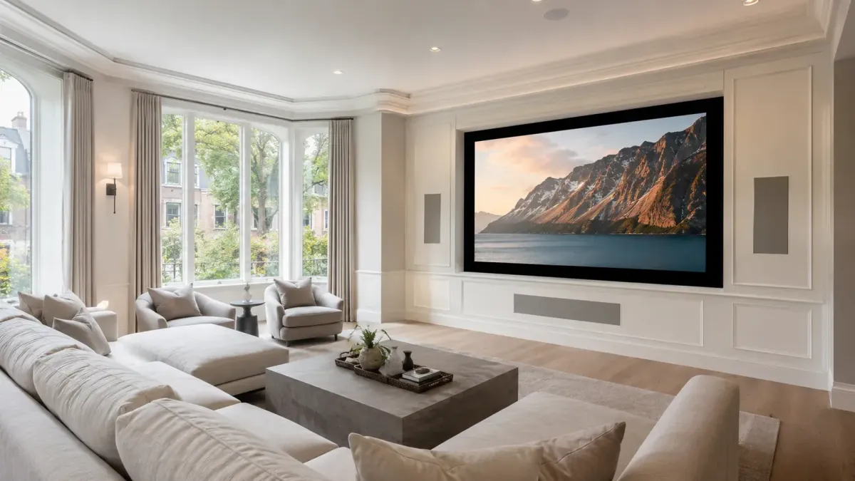 Luxury Boston home theater media room with large wall screen, built-in surround sound speakers, elegant seating, and bright custom interior design.