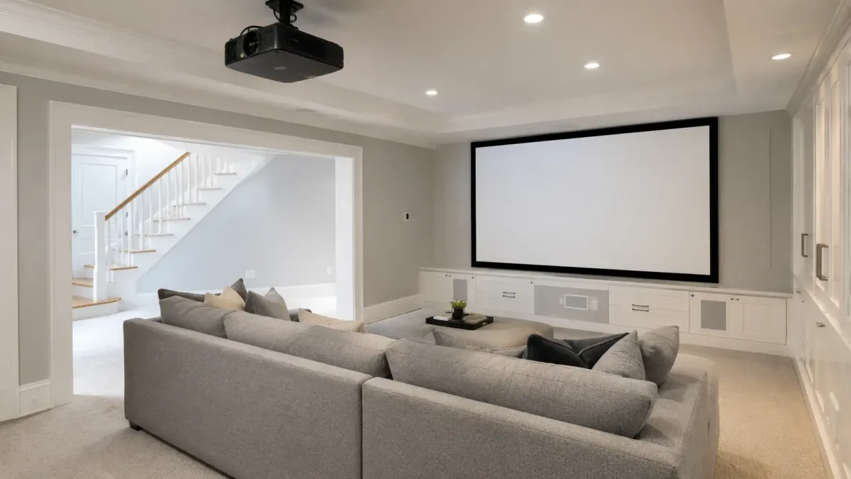 Luxury Boston projector and screen installation with ceiling-mounted projector, large wall screen, custom built-ins, and bright modern home theater seating.