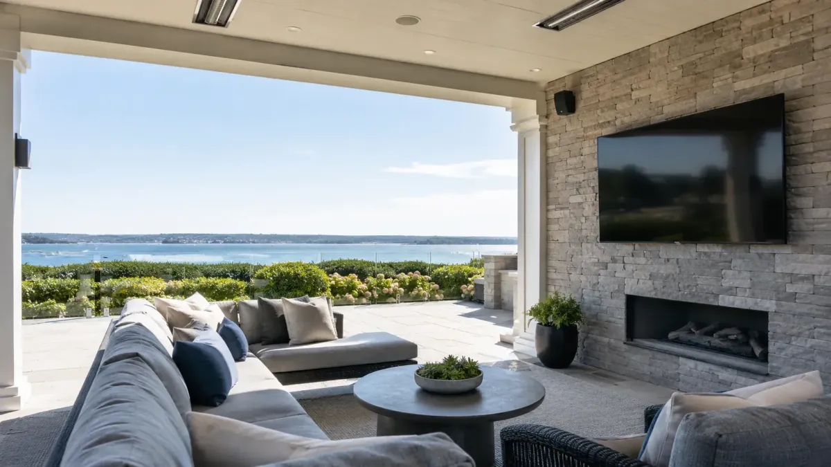 Luxury Boston outdoor AV installation with weatherproof patio TV, discreet outdoor speakers, stone fireplace wall, and waterfront entertainment space.