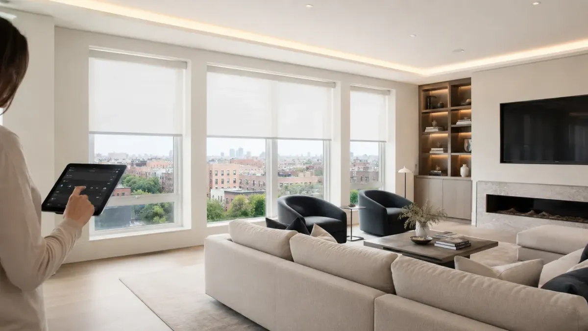 Luxury Boston home automation system with tablet control for automated shades, lighting, fireplace, TV, and smart AV in a bright modern living room.