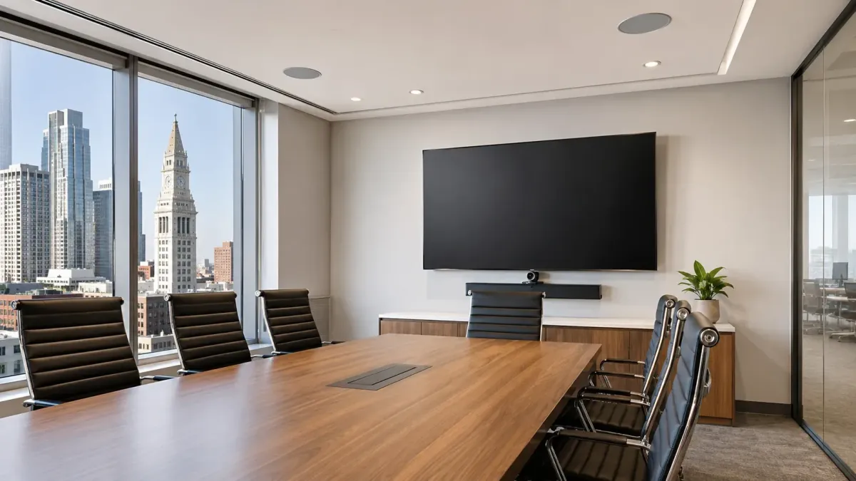 Boston commercial AV installation in a modern conference room with wall-mounted display, video conferencing camera, in-ceiling speakers, and city skyline views.