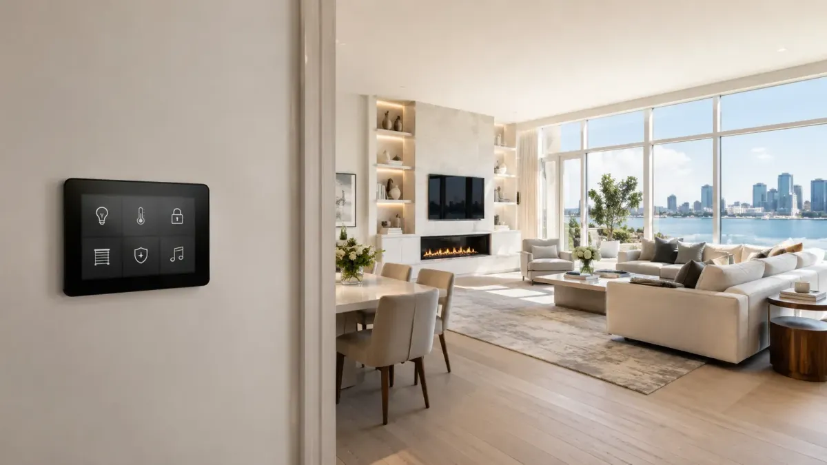 Luxury Boston smart home integration with wall-mounted control panel, automated lighting, climate, security, shades, and AV in a bright waterfront living room.