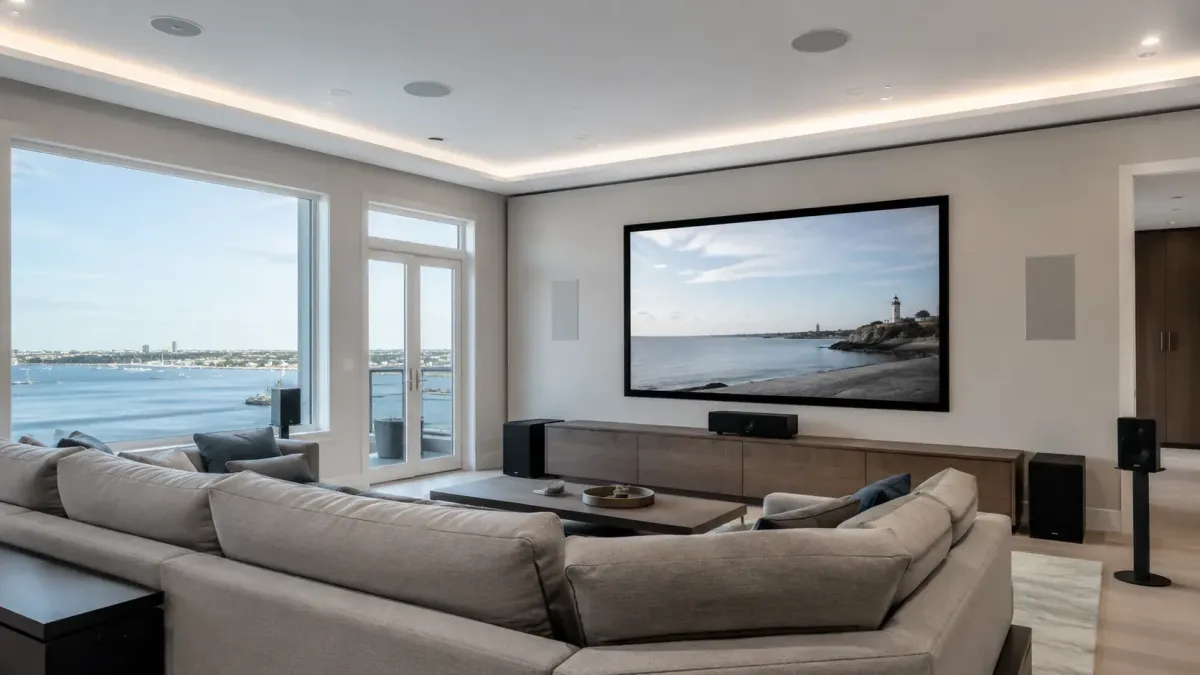Luxury Boston surround sound installation with large wall screen, in-wall speakers, subwoofer, waterfront view, and bright modern media room design.