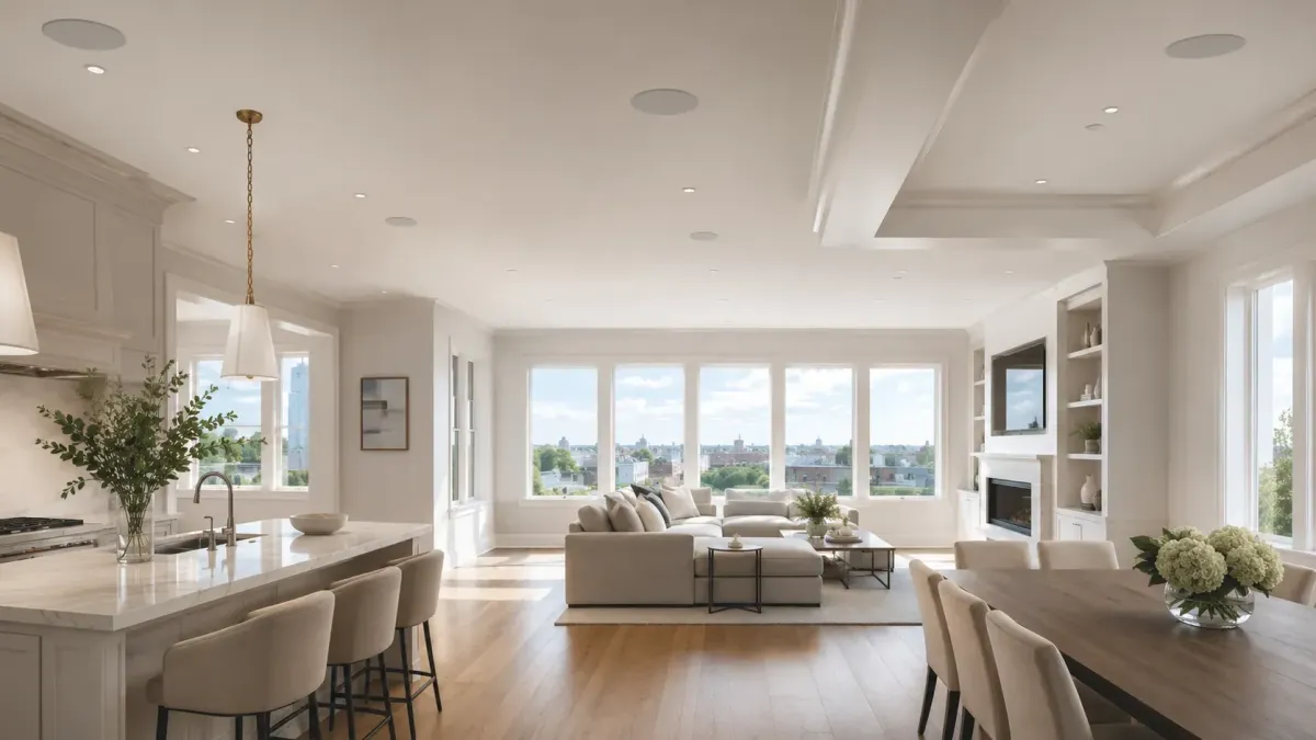 Bright Boston whole-home audio installation with discreet in-ceiling speakers, open-concept kitchen, living room, dining area, and luxury custom interior design.