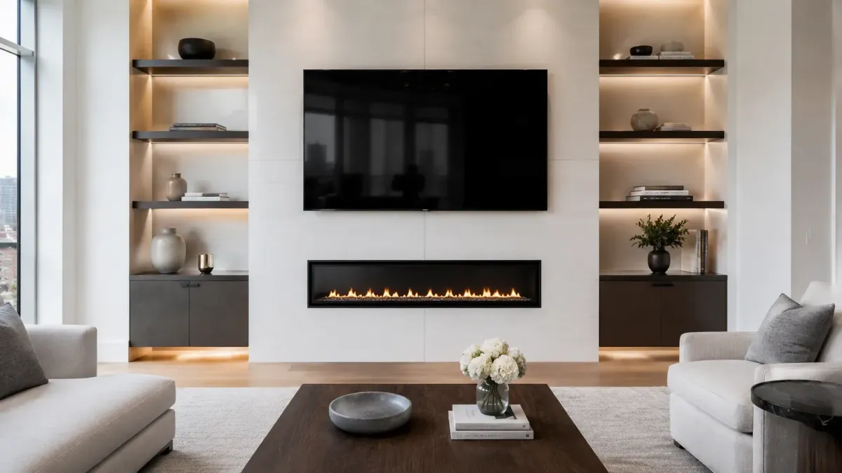 Luxury Boston TV mounting installation with wall-mounted flat-screen TV above a modern linear fireplace, built-in shelving, and clean hidden wiring.