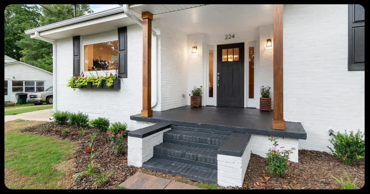 white house with black shutters and porch neatly landscaped 