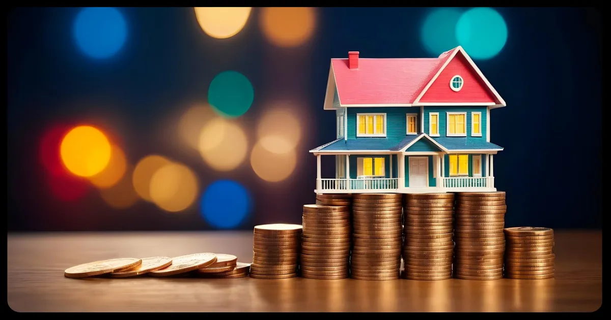blue two story house sitting on gold coins 