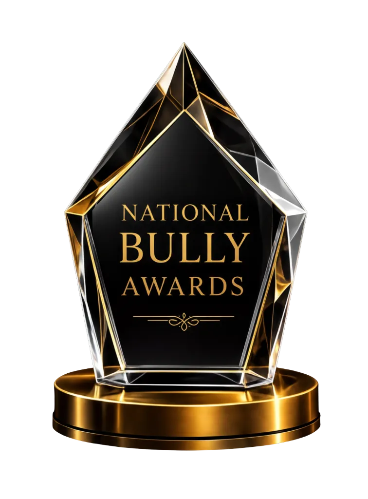 Black and gold trophy illustration with the words “National Bully Awards.” 