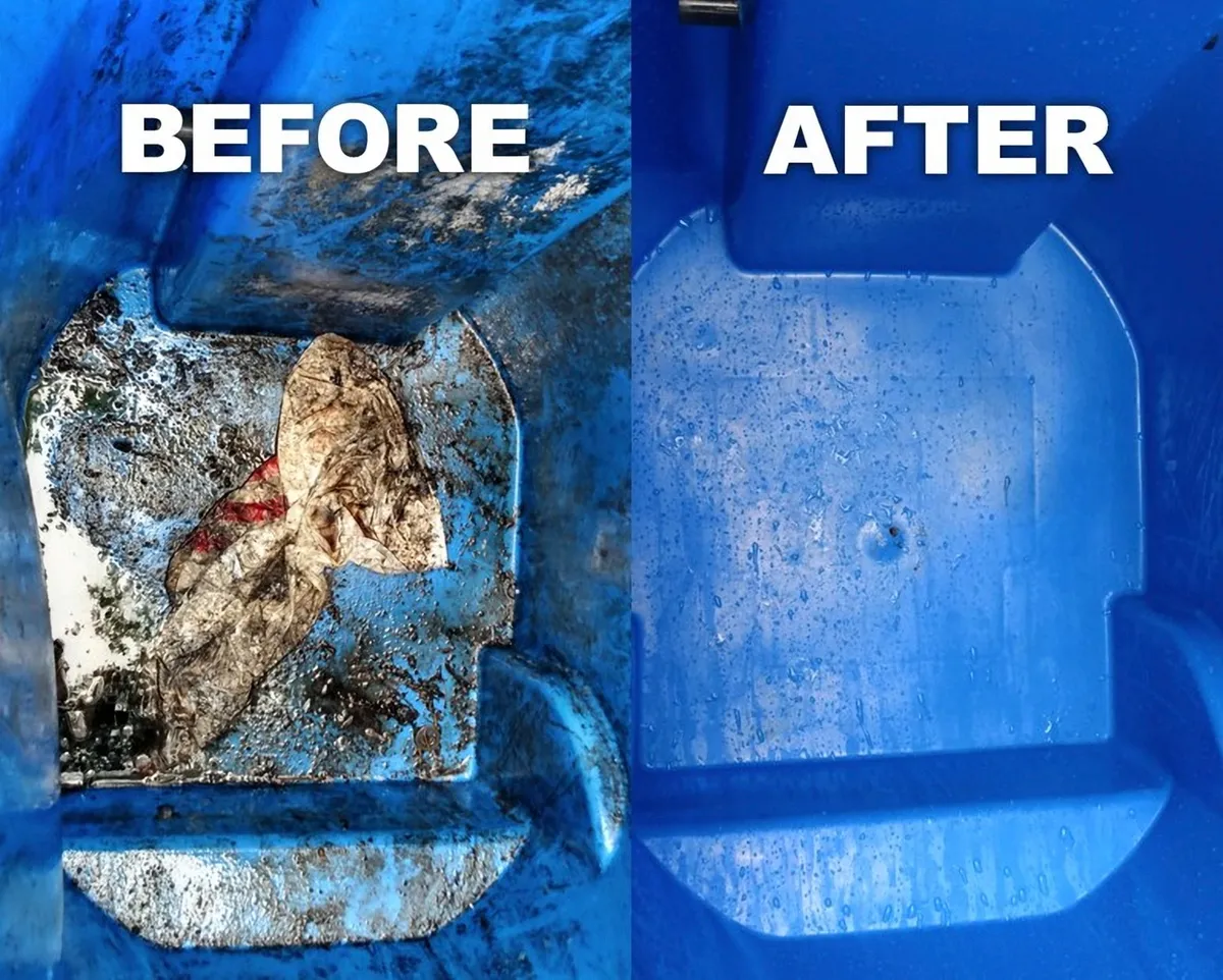 Before and after: the inside of a blue bin cleaned by Grime Fighters