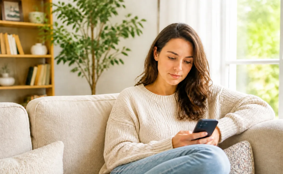 woman alone on the couch with her phone