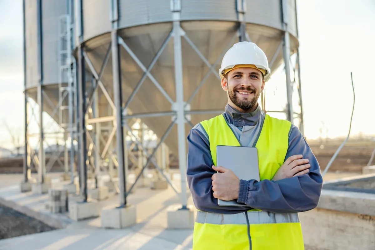 Happy Contractor on site holding a tablet