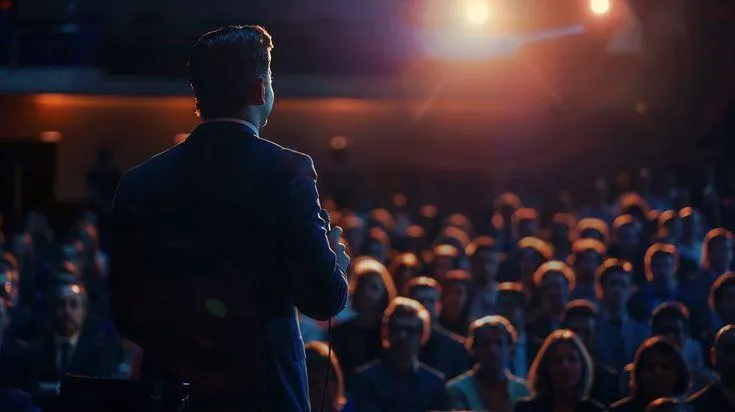 Man confidently speaking on stage to a large audience during a public speaking seminar