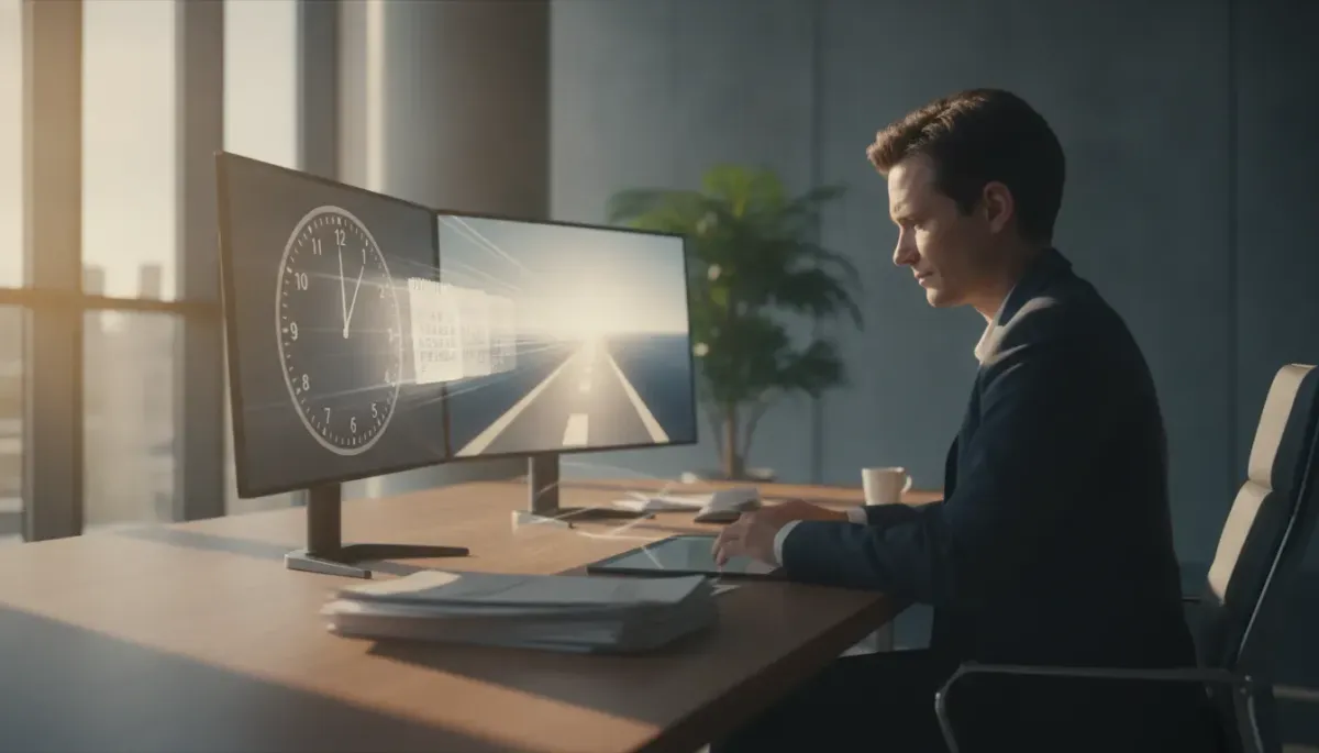 Motivbild zur Idee, Entscheidungen im Mittelstand nicht zu lange hinauszuzögern: ein Büro-Setting mit visuellem Hinweis auf Zeitdruck und schneller Klarheit ohne Text.