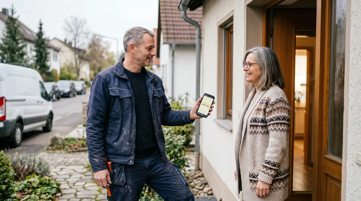 Handwerker zeigt einer Kundin an der Haustür das geöffnete Google-Bewertungsformular auf seinem Smartphone.